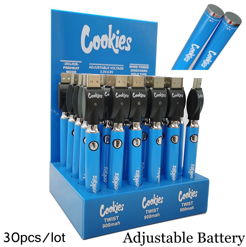 

30pcs/lot Cookies Battery 900mah Voltage Variable Batteries Pen With USB Charger Fit 510 Vaporizer Cartridge Display Showed Packaging