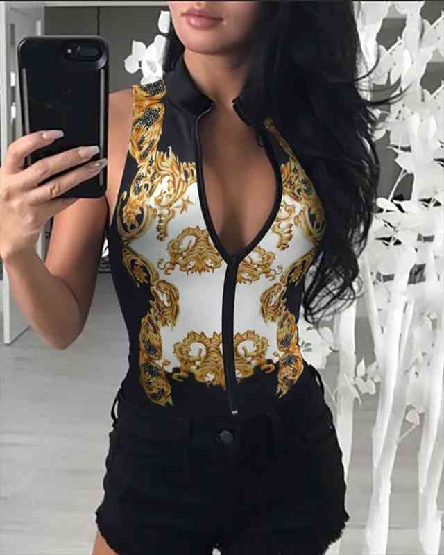 

women summer baroque print sleeveless turn down collar zipper front sleeveless bodysuit lady solid bodysuit, Black;white