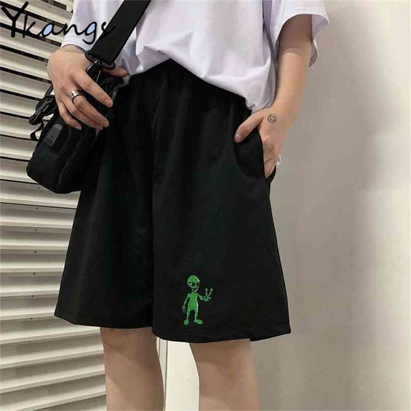 

Aliens Casual Loose Straight Jogger Shorts Female High Waist Summer Sports Running Vintage Korean Style Harajuku Bike 210722, Aliens black