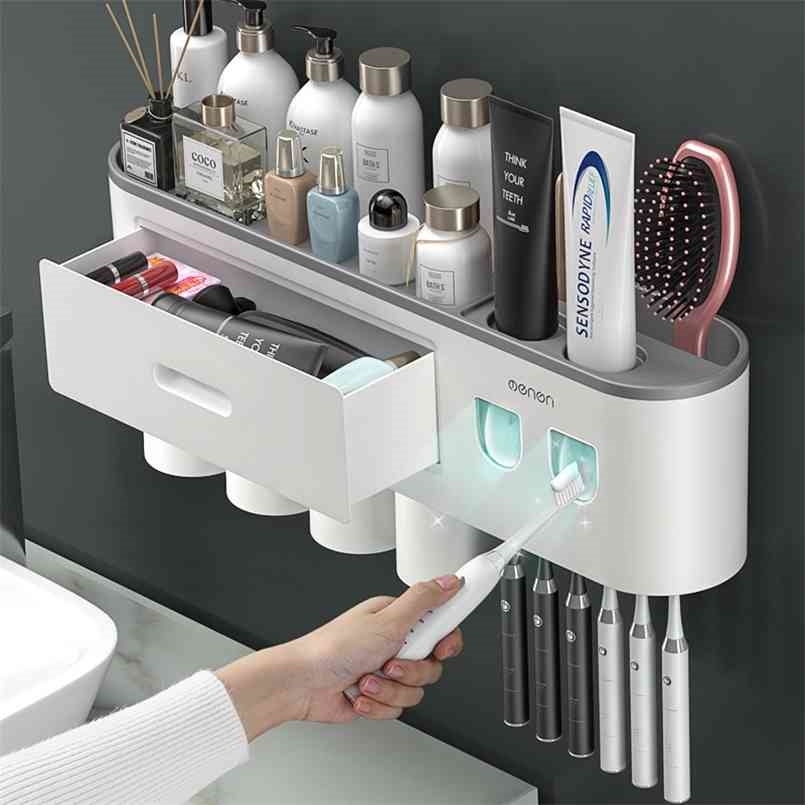 

Magnetic Adsorption Inverted Toothbrush Holder Double Automatic Toothpaste Squeezer Dispenser Storage Rack Bathroom Accessories 210904