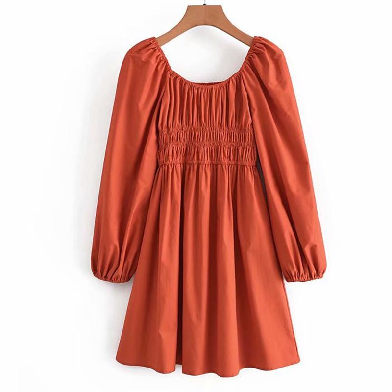 

Casual Dresses YENKYE Fashion Women Orange Red Cotton Dress Female O Neck Lantern Sleeve Elastic Waist Summer Short Vestido, As pic