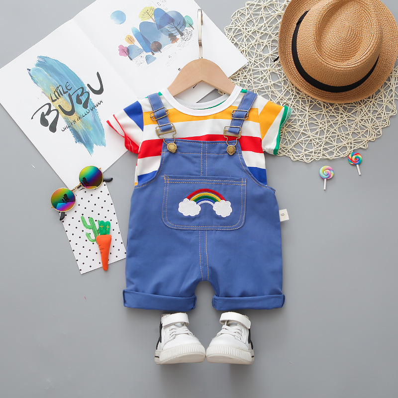 

Summer Children Cotton Baby Boy Girl Clothes Stripe T Shirts Bib Shorts 2Pcs/sets Infant Kids Fashion Toddler Tracksuits, Blue