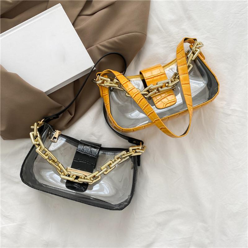 

Evening Bags Women Baguette 2021 Transparent Alligator Pattern Patchwork Shoulder Bag Ladies Thick Chain Small Purses And Handbags Bolsa