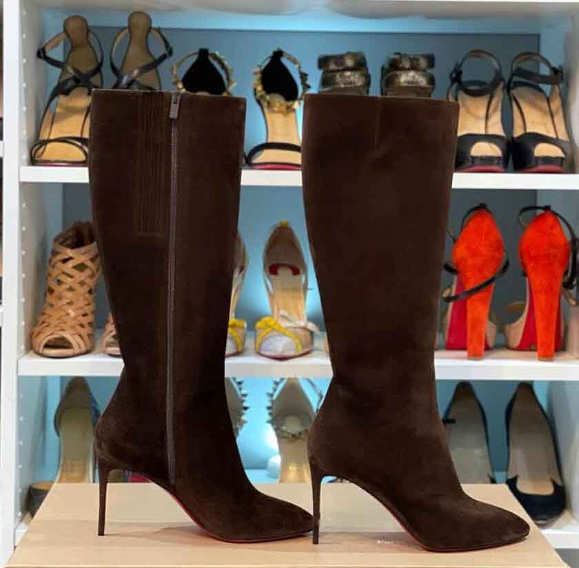 

Sheepskin suede genuine Leather Women Long boot Red bottom heeled SouKate Botta black calfskin pointed toe with zipper classic knee-high bootS Reds soles designer