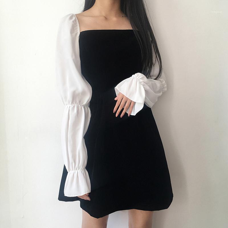 

Casual Dresses Harajuku Chiffon Patchwork Velvet Dress Bandage Lace Up Flare Sleeve Female Square Neck Pleated Fashion1, Black