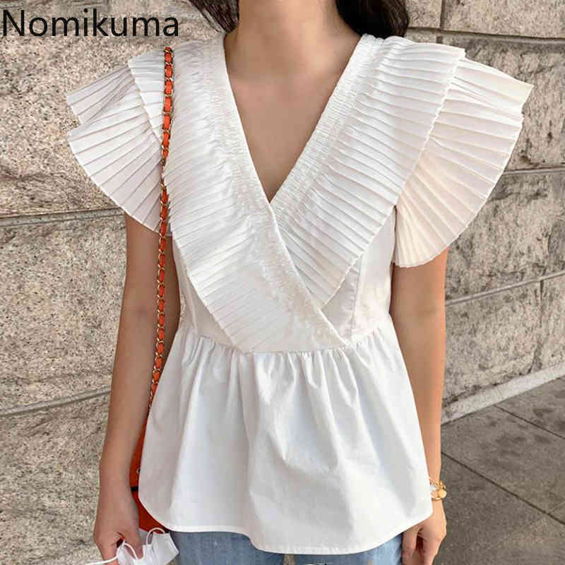 Nomikuma Korean Chic Elegant Pleated V-neck Blouse Shirt Slim Waist Elegant Flying Sleeve Womens Blusas Summer New Shirt 6H366 210427