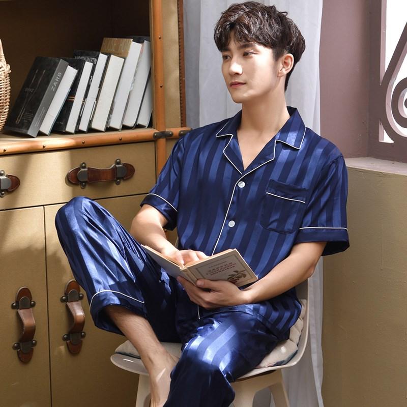 

Men's Sleepwear Summer Satin Pajamas Men Plus Size 2Pieces Design Vertical Stripes Pyjamas Short Sleeve Pjs Blue Home Wear Pijamas, Red