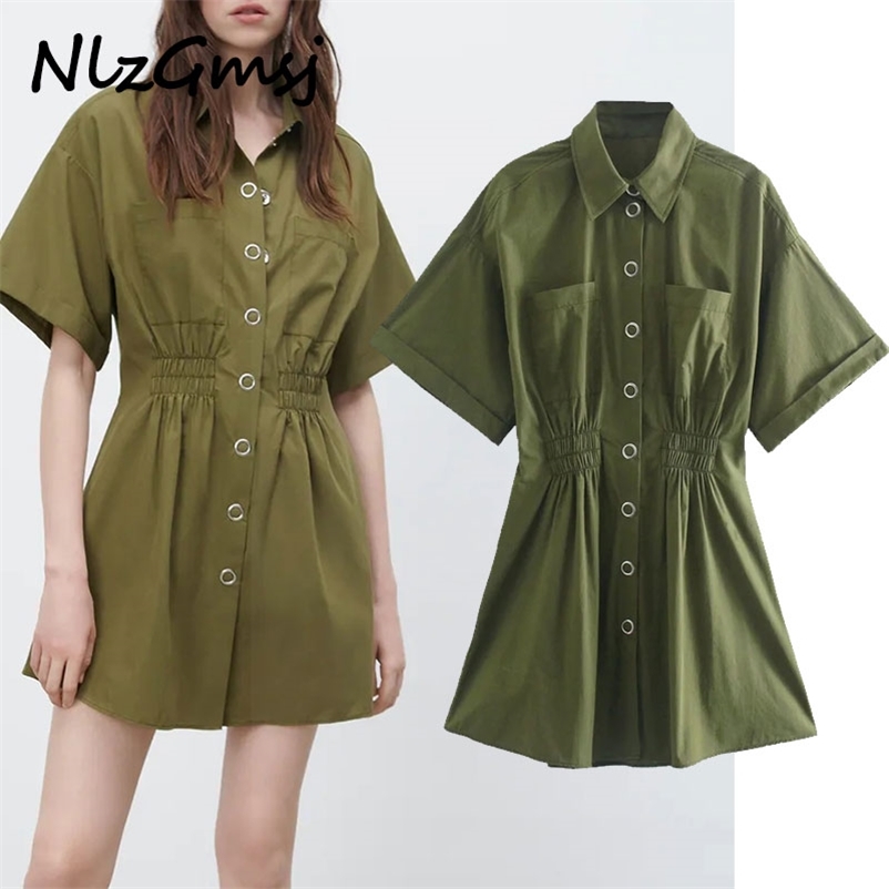

Dres spring summer front slim fashion pocket elastic waist short sleeve button Lapel Mini 03 210628, As picture