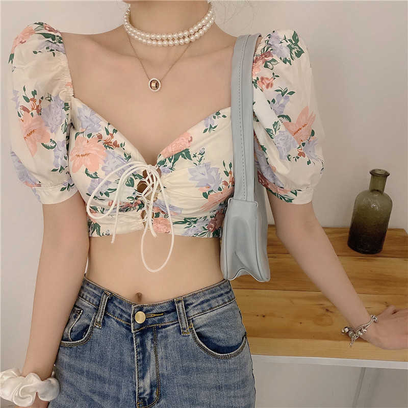 

WOMENGAGA Floral Top's Puff Sleeve Short Spring Summer Sexy Tank Women Korea SC7S 210603, Picture color