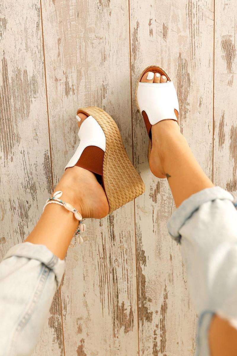 

Women's White Leather Heels Slippers Fill Tab Wheel 2021, Multi
