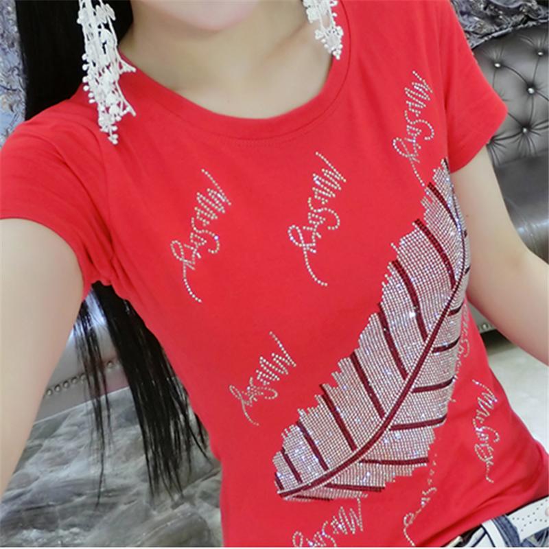 

Women's T-Shirt Red White Black Yellow Summer Short Sleeve Fashion Feather Drilling Tops Tees Poleras De Mujer Moda T Shirts