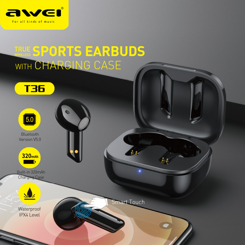

Awei T36 TWS Wireless Earphone Bluetooth-compatible 5.0 Mini Earbuds With Microphone in-Ear Headset Touch Contral Handsfree