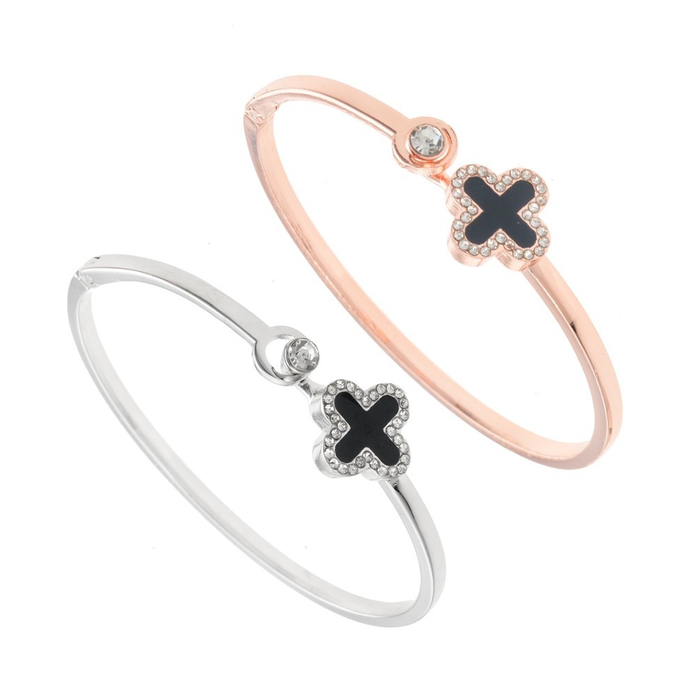 

Hand catenary Korean fashion lucky clover environmental protection rose gold bracelet, versatile open Bracelet, Black