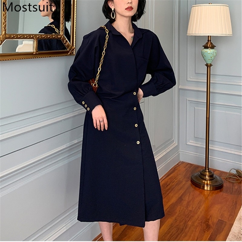 

Autumn Korean Fashion Stylish Long Dress Women Sleeve Turn-down Collar Buttons Shirt Dresses Office Ladies Vestidos 210518, Dark blue