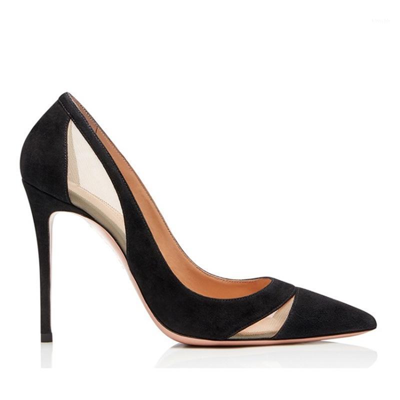 

Dress Shoes Stylish Suede Mesh Patchwork Red Black See Through Pointed Toe Stiletto Heel Pumps Shallow Party