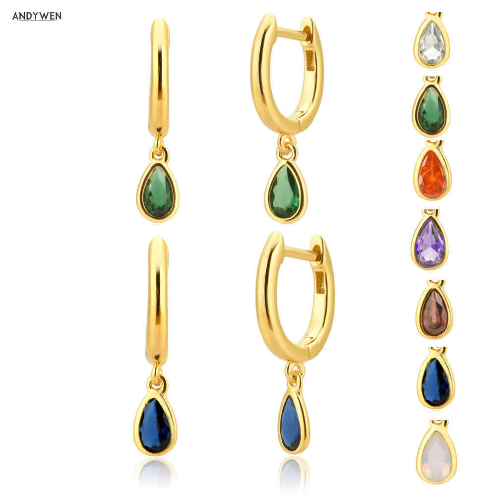 

ANDYWEN 925 Sterling Silver Small Bamboo Pendiente Earring Circle Drop Oval Colorful Rainbow Luxury Jewelry For European 210608