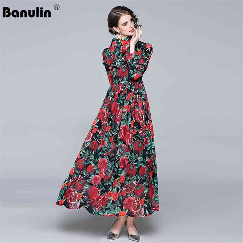 

Banulin Spring Runway Maxi Dress Women's Long Sleeve Bow Sashes Vintage Floral Print Chiffon Party Holiday 210603, Design and color