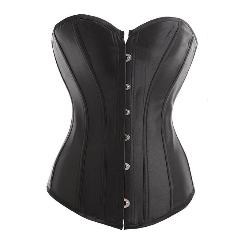 

Sexy Women Black Strapless Satin Boned Corset Top Overbust Bustier Steel Buckle Front And Lace up Back 8198