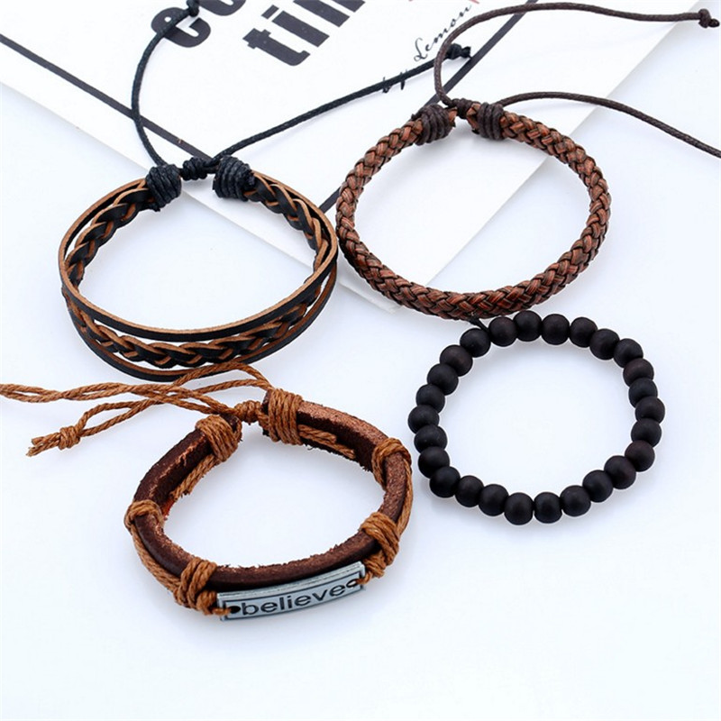 

Punk Style Black Stone Beaded Braided Leather Bracelet Custom Engraving Believe Faith Fashion Bracelets Gift