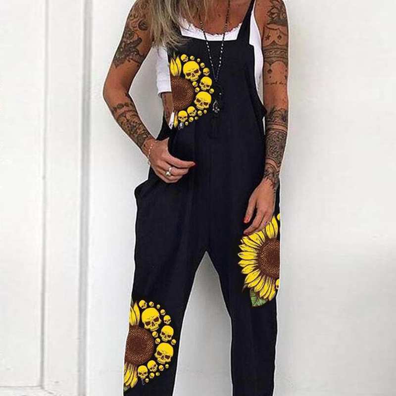 

2021fashion punk skull print jumpsuit streetwear spring summer sleeveless strappy overalls women casual loose pocket romper playsuit, Black;white