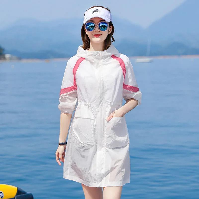 

Women's Trench Coats 2022 Summer Sun Protection Clothing Thin Coat Large Size Fashion Mid-Length Hooded Outerwear Windbreaker, Tan;black