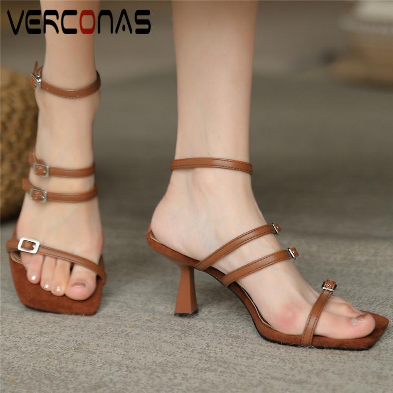

Sexy Fashion Concise Ankle Strap Women Sandals Buckle Genuine Leather Thin Heels Party Prom Casual Summer Shoes Woman Dress, Black