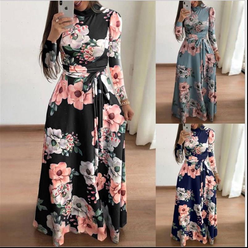 

plus size womens summer women dresses long super dress casual sleeve flower print high collar, Black;gray