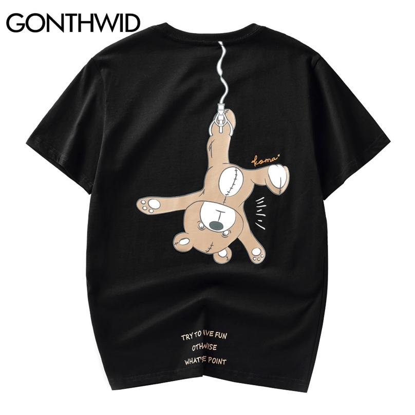 

Tees Shirts Casual Hip Hop Streetwear Men Funny Bear Print Short Sleeve Cotton T-Shirts Fashion Harajuku Tshirts Tops 210602, White