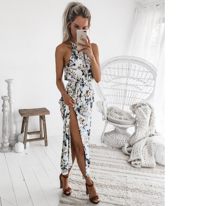 

Women Long Maxi Dresses Bohemia Sleeveless Floral Print Ethnic Summer Beach Female Split Stylish Asymmetrical Dress Vestid, Zc2583 dark blue