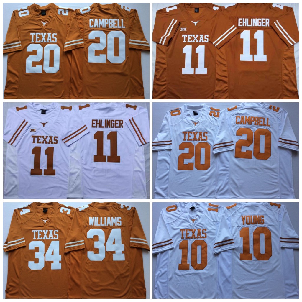 

NCAA Vintage Texas Longhorns College Jerseys Football 10 Vince Young 34 Ricky Williams 20 Earl Campbell Yellow White Stitched Jersey
