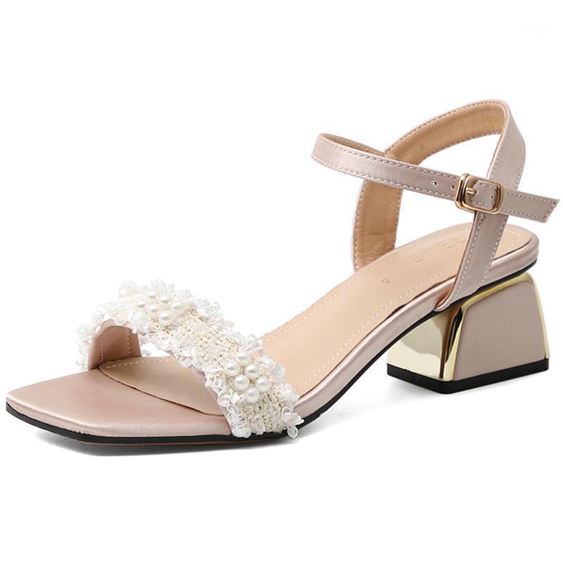 

Women's Shoes String Beads Sequins Horseshoe Heel Cloth Weave Square Toe Cap Pearl Buckles Lady's Sandals Dress, Black