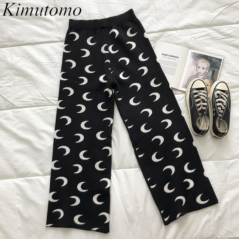 

Kimutomo Women High Waist Knitted Pants Spring Korea Chic Ins Style Female Moon Print Wide Leg Ankle-Length Pants Casual 210521, Dark blue