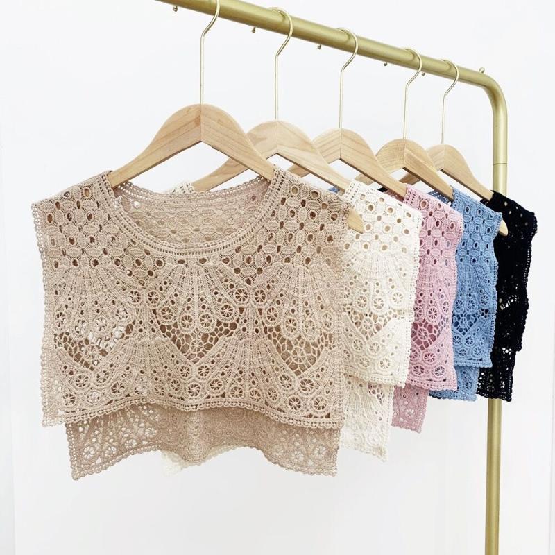 

Scarves Lace Cotton Shawl Women's Shoulder Hollow-out Pullover Solid Loose Simple Side-slit Asymmetrical Waistcoats All-match Chic