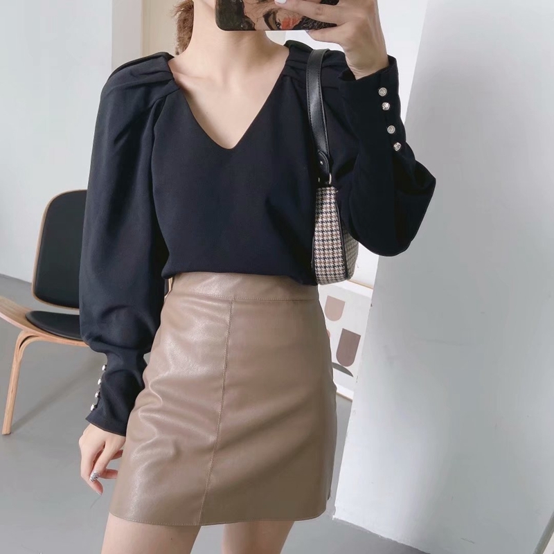 

Fashion Office Lady Black Blouse Button Puff Sleeve Thicken Spring Tops Women Casual Street wear Shirts Female XZ2512 210525
