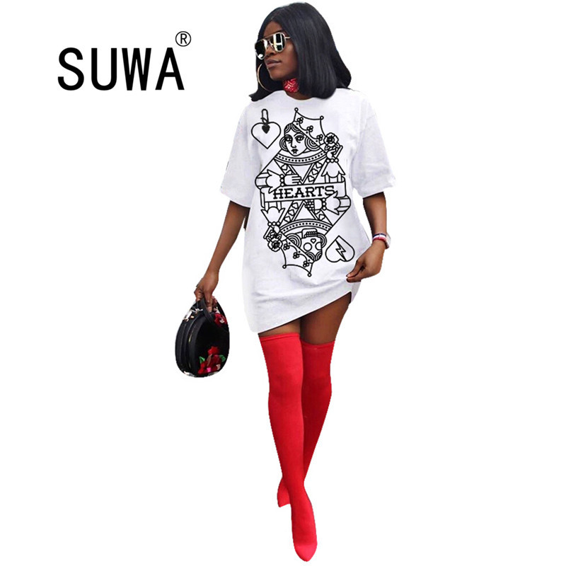 

Arrival Women Casual Poker Printed T Shirt Dress Short Sleeve O Neck Loose Summer Streetwear 210525, Black