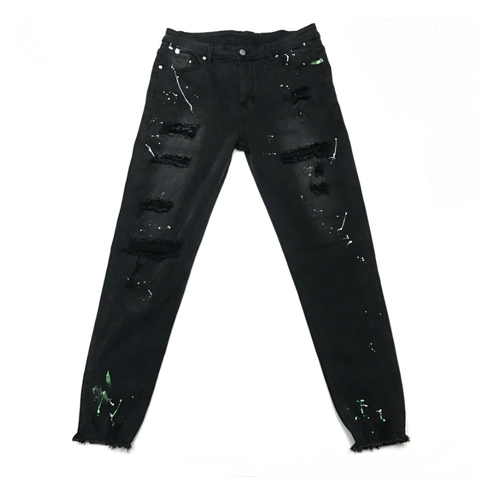 

Black Skinny Fit Stretch Jeans Ripped Holes Multicolor Print Streetwear