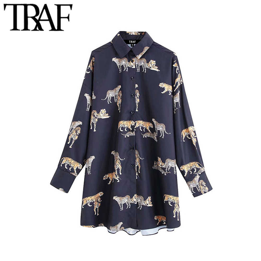 

TRAF Women Vintage Stylish Animal Print Blouses Fashion Lapel Collar Long Sleeve Female Shirts Blusas Mujer Chic Tops 210721, As picture