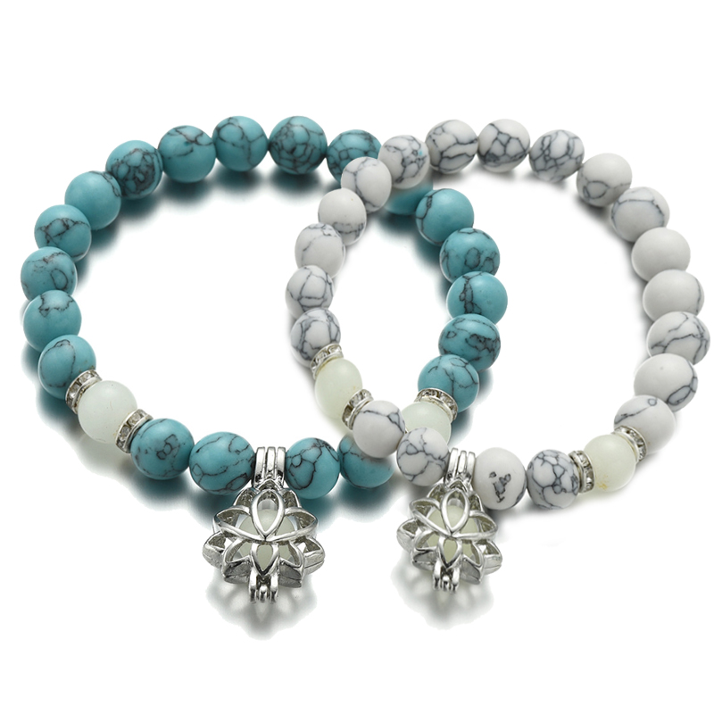 

Natural Stones Luminous Glowing In The Dark Fluorite Lotus Flower Shaped Charm Bracelet for Women Yoga Prayer Buddhism Jewelry, Black