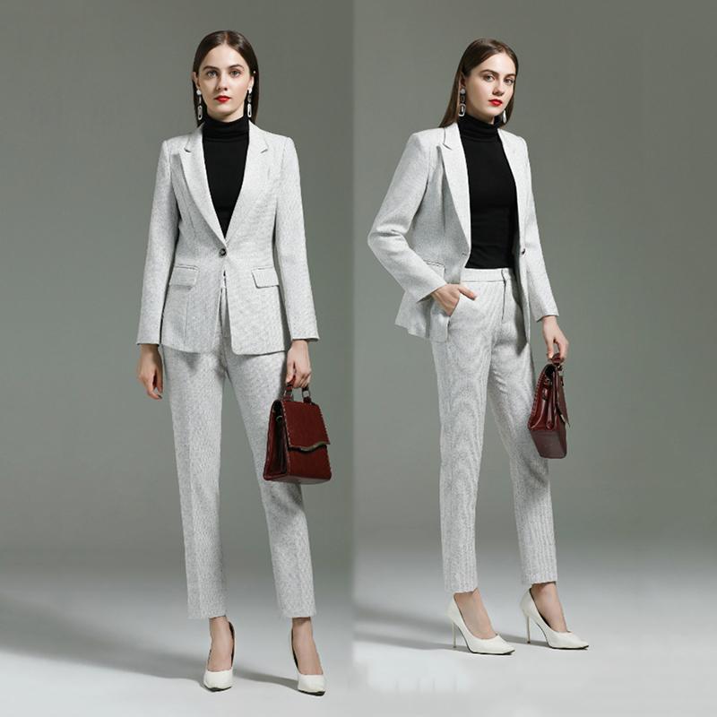 

Europe America Fashion Women's Long Sleeve Outfit Solid Color Grey White Collar Work Clothes Two-Piece Suit Plus Size Slim High-end Ladies' Formal Wear S-XXXXL, Gray