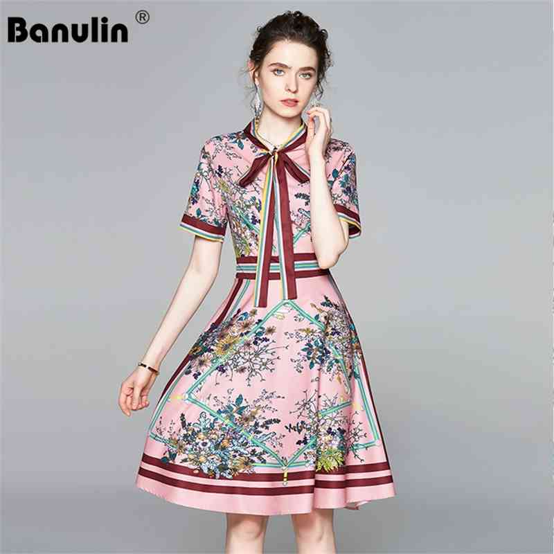 

Banulin Spring Summer Fashion Runway Vintage Dress Women's Short Sleeve bow tie Retro Floral Print Elegant 210603, Pink