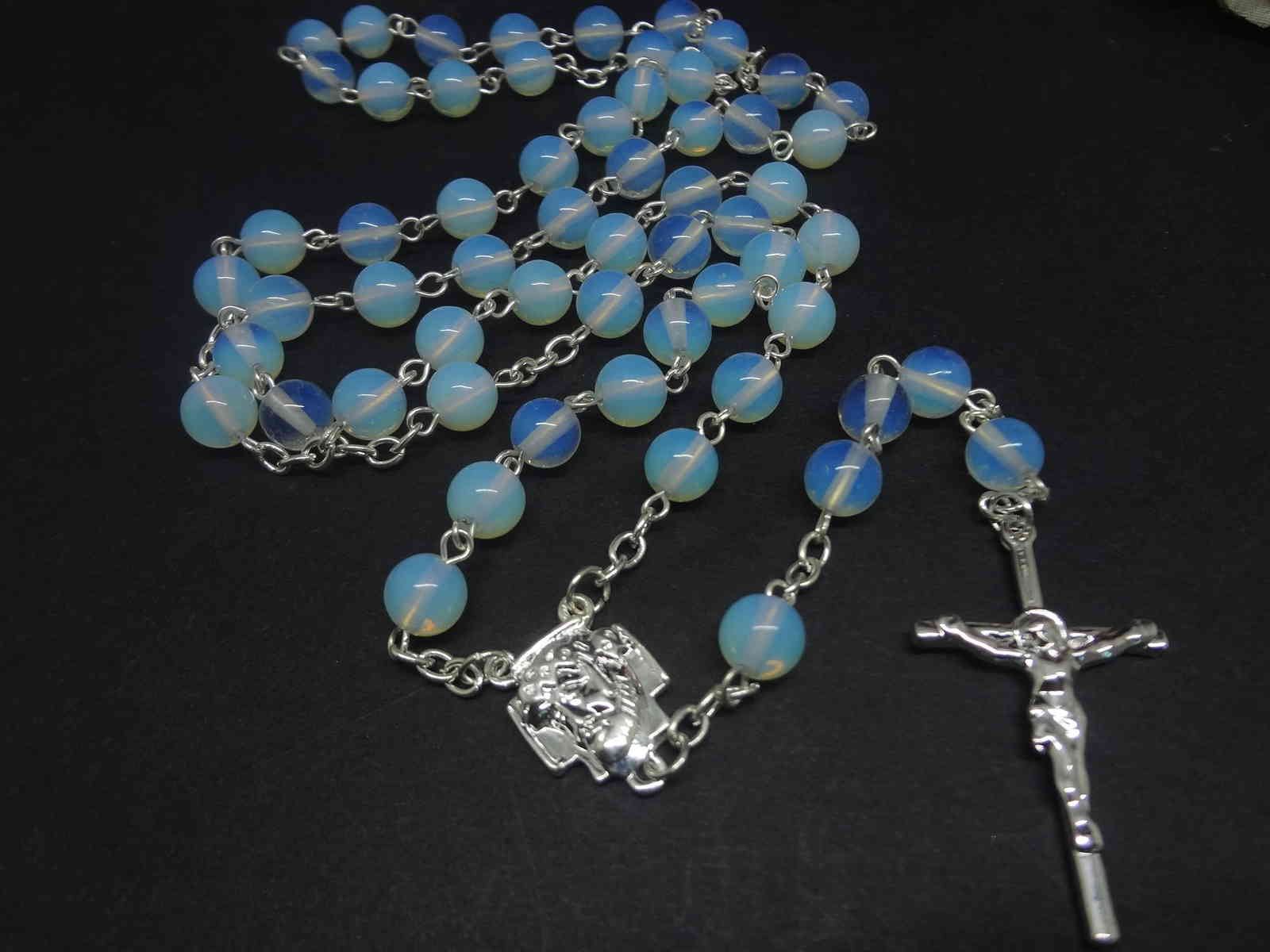 

Opal Cross Necklace Religious Christian Jewelry Natural Stone Rosary Necklace, Silver