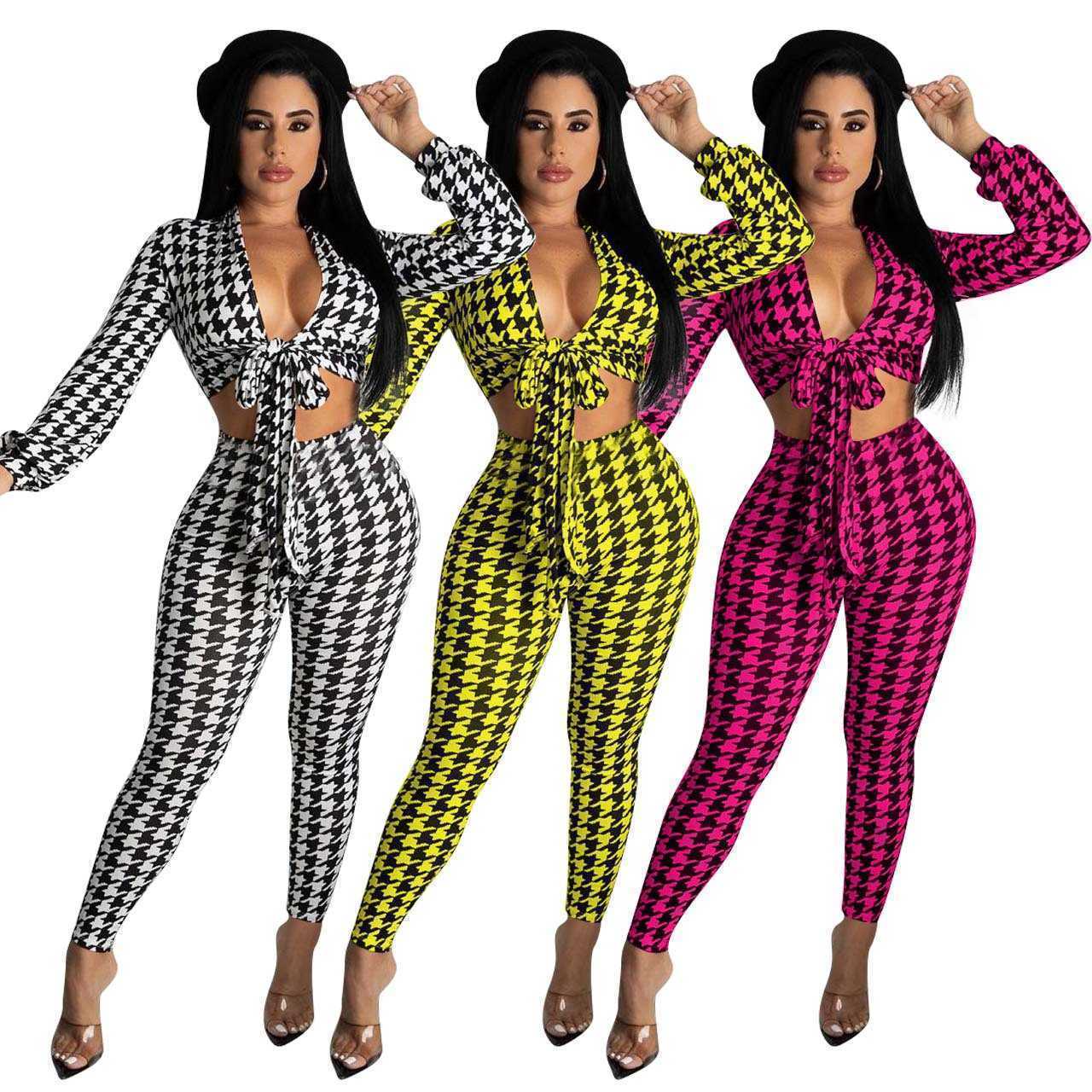 

Designers Women Clothes 2021 style temperament slim fit thousand bird check print two-piece women's suit Fashion, Yellow