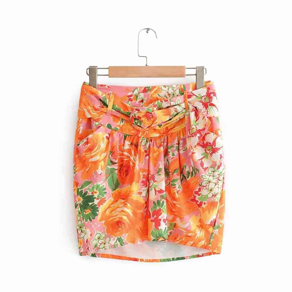 

wowmen sashes floral mini skirts fashion ladies pleated button abone lnee skirt elegant female prairie chic style 210521, Orange
