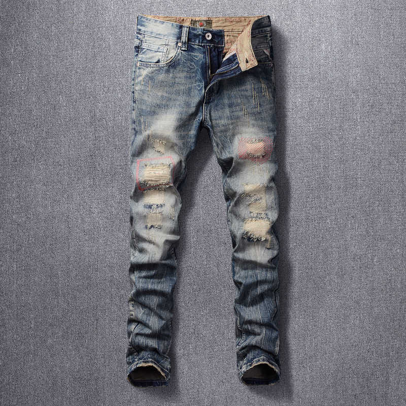 

Ly Designer Fashion Men Jeans High Quality Slim Fit Retro Ripped Denim Pants Embroidery Patchwork Streetwear Hip Hop Trousers XZZ9, Retro color