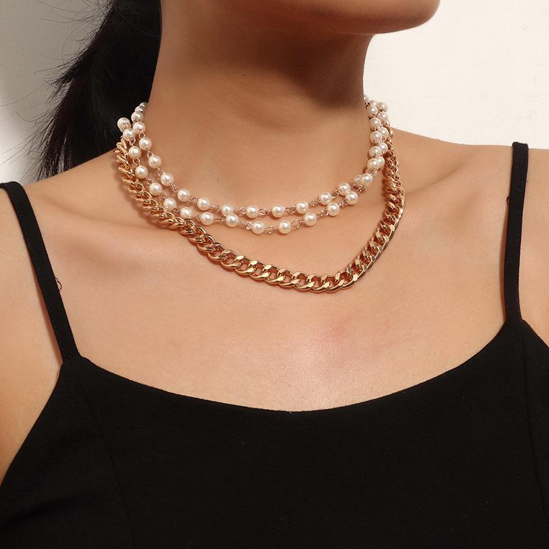 

Chokers Multilayer Punk Pearl Choker Necklace Big Cuban Chain Women Collares Jewelry Gold Color Thick Chocker Female
