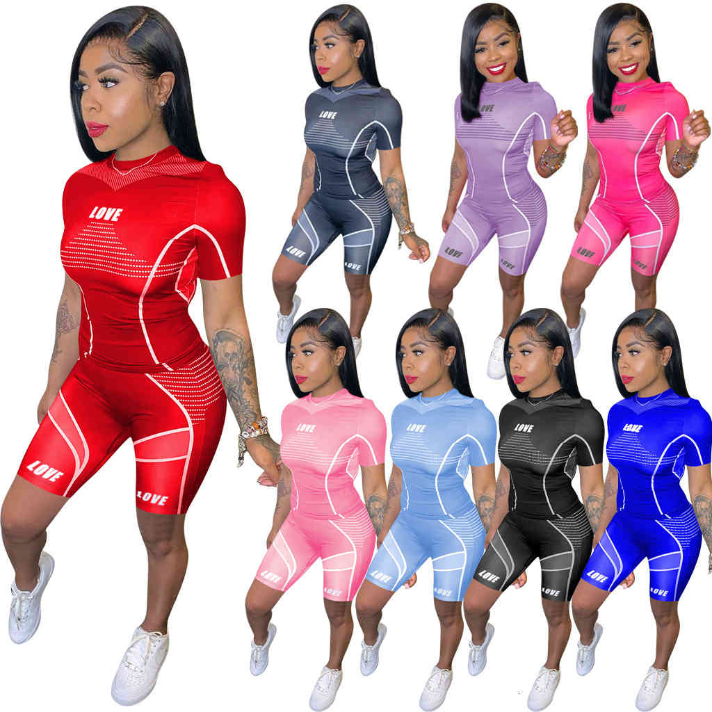 

Women' Tracksuits LOVE Letter Printed Workout Two Piece Outfits for Women Shorts Sleeve Bandage T-shirts and Sporty Jogger Short, Rose red