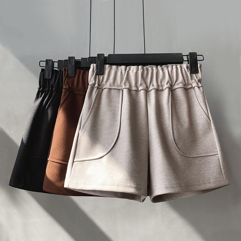 

Women's Shorts Female Woolen Autumn Winter Elastic High-Waist Pocket Solid Color Outerwear All-Match Wide-Leg, Brown