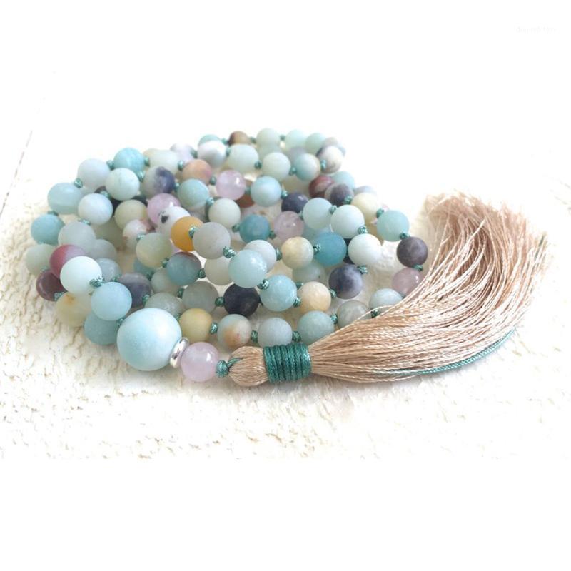 

Amazonite & Rose Q-uartz Mala Beads With Handmade Tassel Neacklace 108 Traditional Hand Knotted Necklace Yoga For Women Chains