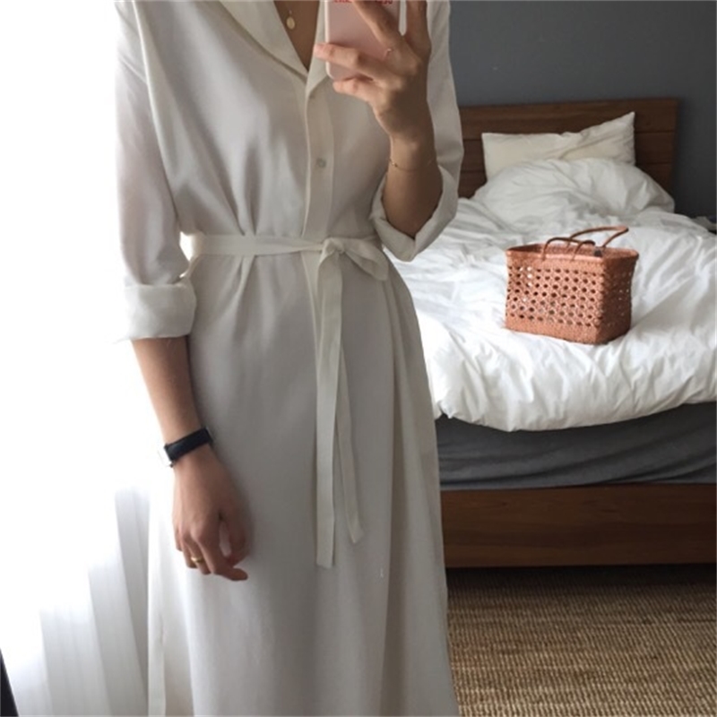 

Spring and Summer Elegant Women Shirts Office Lady Long Chiffon Notched Solid Loose Blouse 210615, White