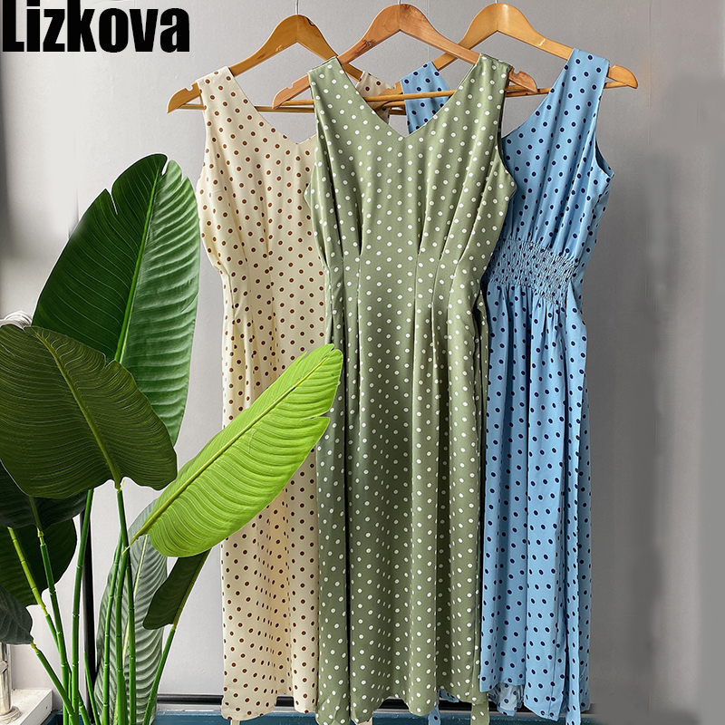 

Lizkova Summer Green Dress Women Sleeveless Dot V-neck Tunic Bandage Elegant Vestido de Mujer 2021 Plus Size Tank Dress, Beige